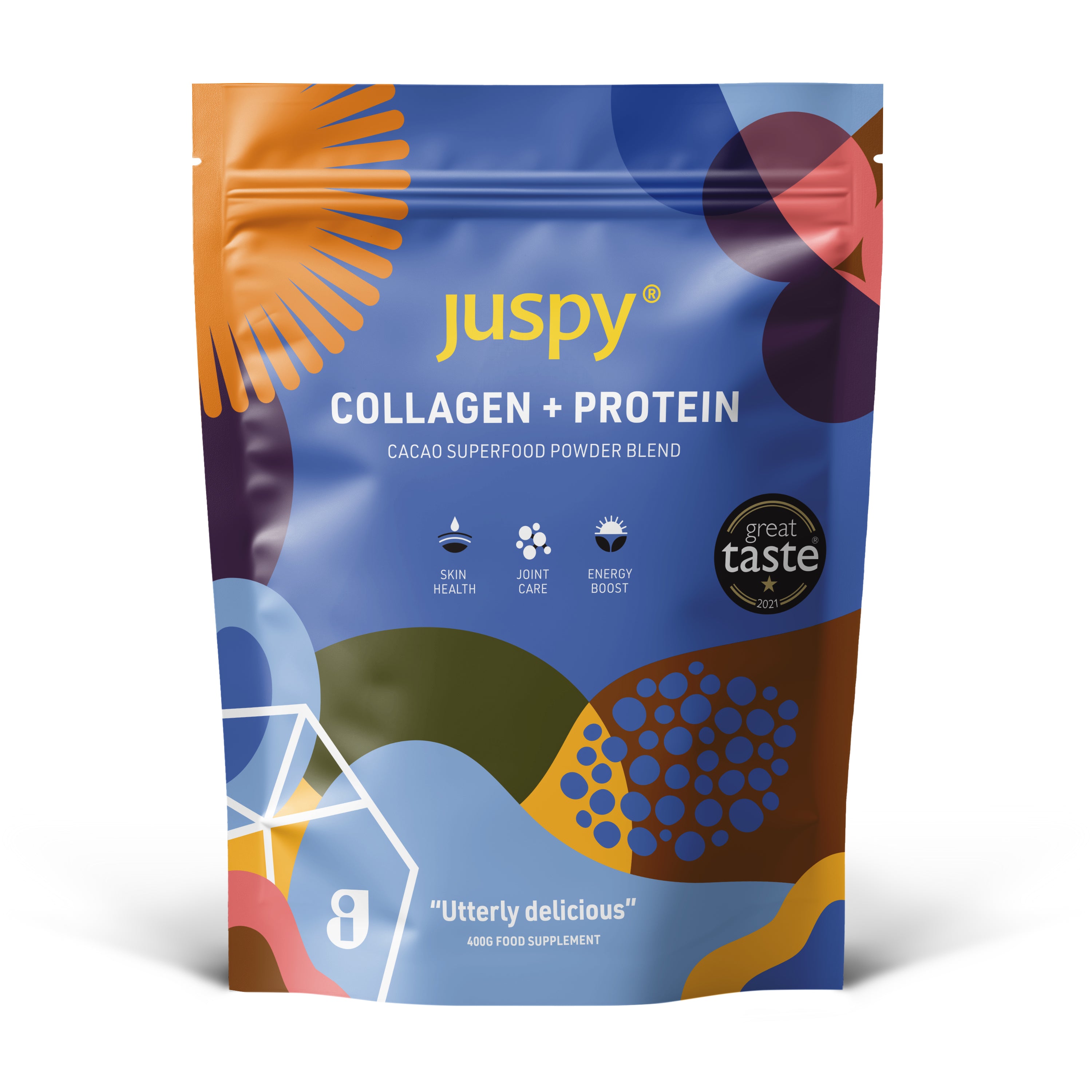 Juspy collagen + protein package with colorful design on a white background