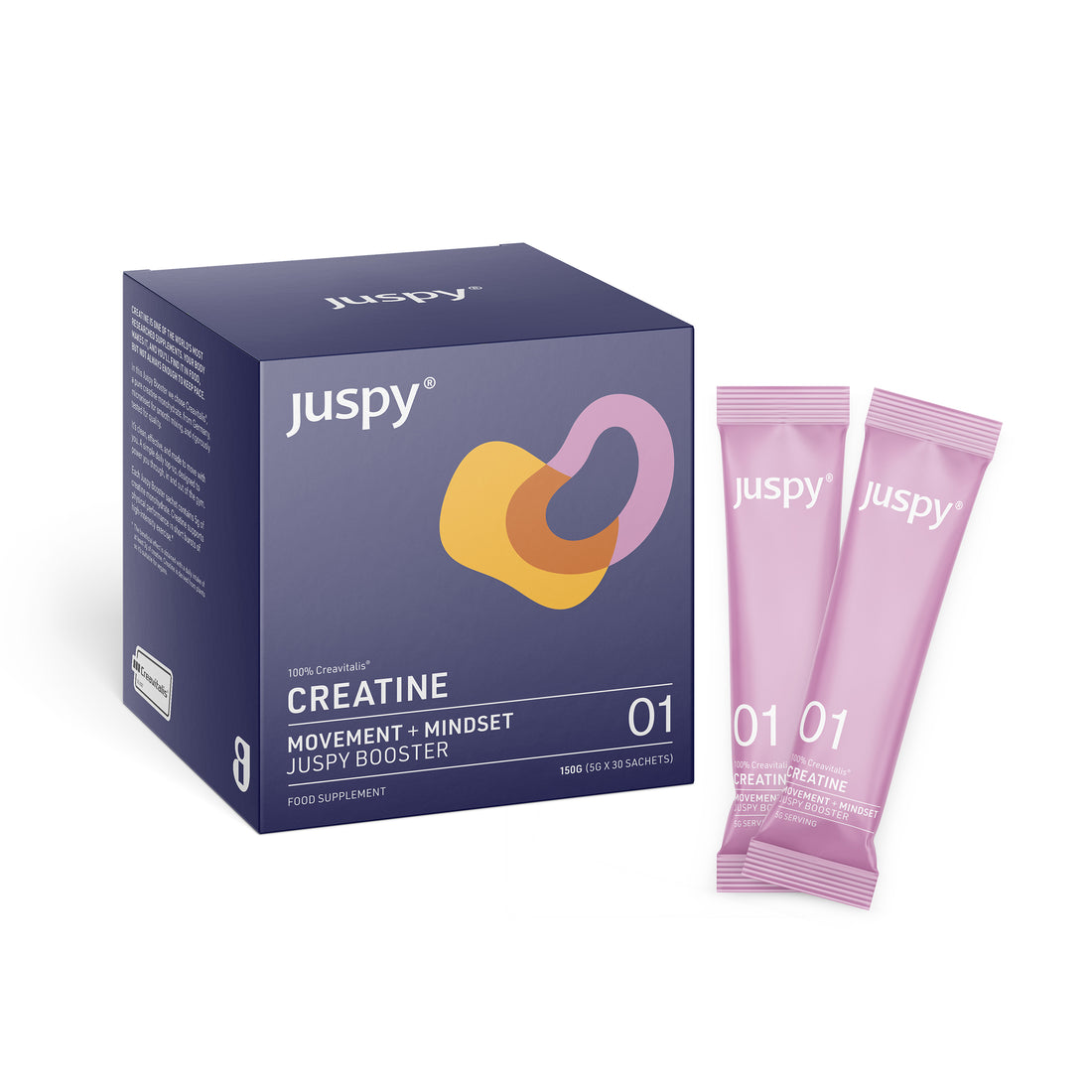 Juspy creatine supplement packaging with two pink packets on a white background