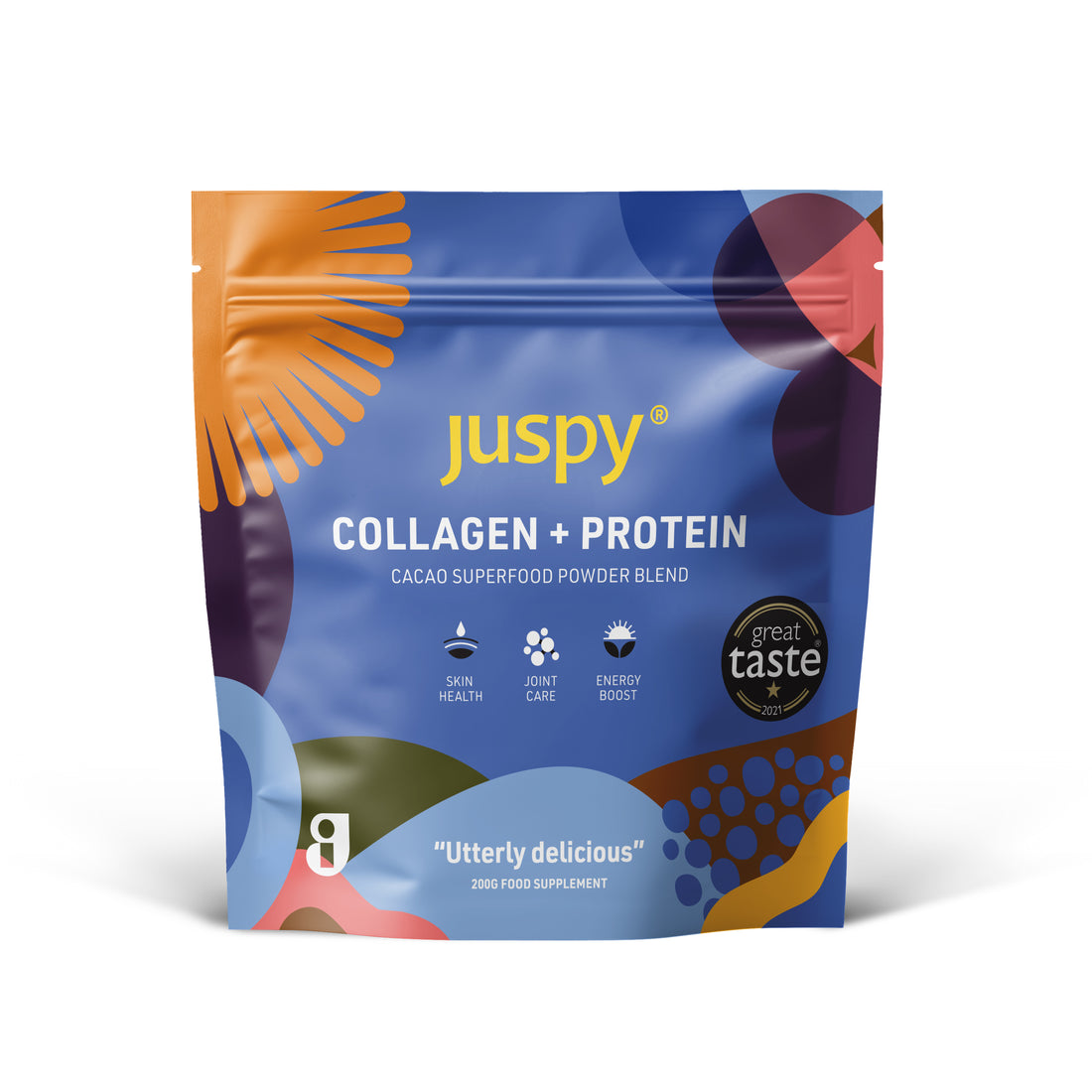 Juspy collagen + protein powder blend packaging on a white background